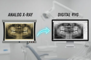 Side-by-side comparison of a blurry analog dental X-ray film on the left and a sharp, high-contrast digital RVG image on a modern monitor on the right, illustrating the superior clarity of digital radiography.
