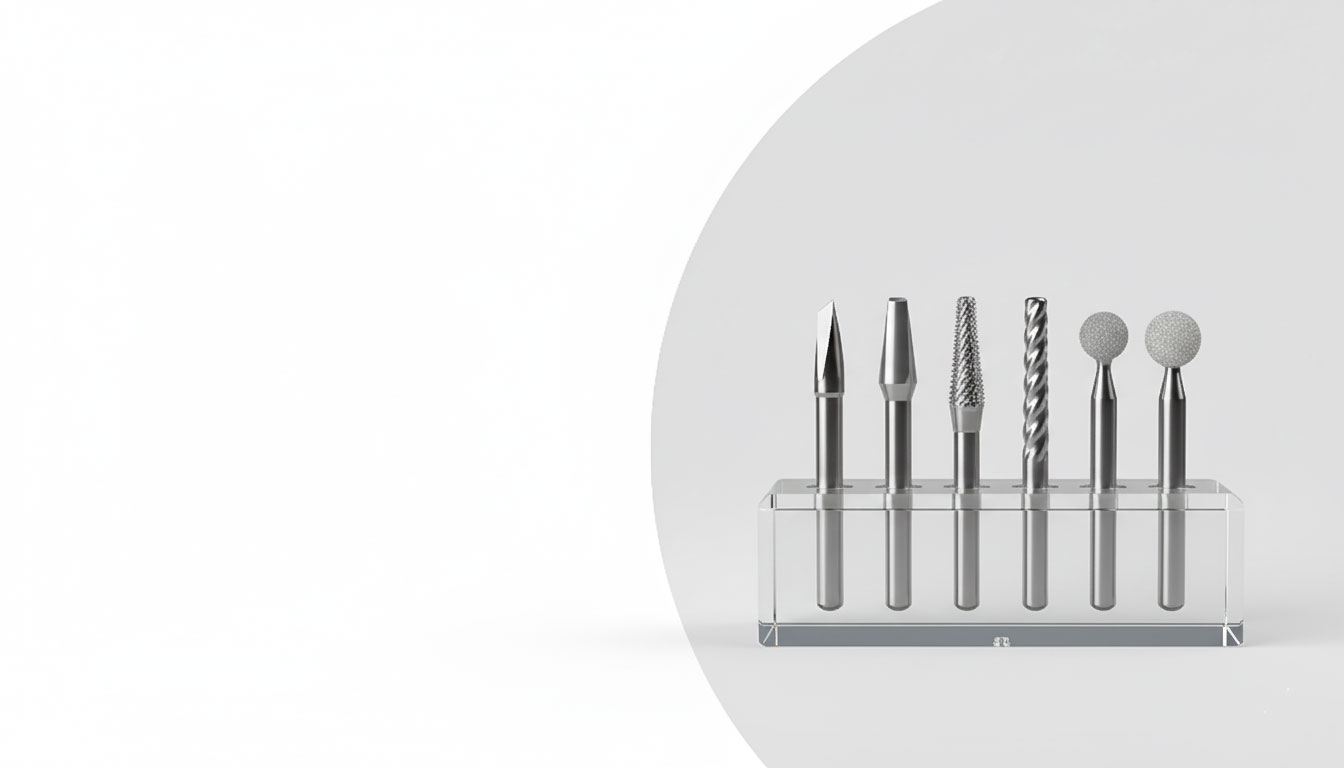 Professional dental bur kit on a clear stand, showcasing various shapes and sizes of dental burs used for different procedures.